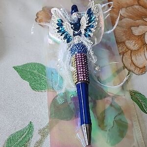 Ornate Blue Phoenix Ballpoint Pen with Multicolor Crystal Accents